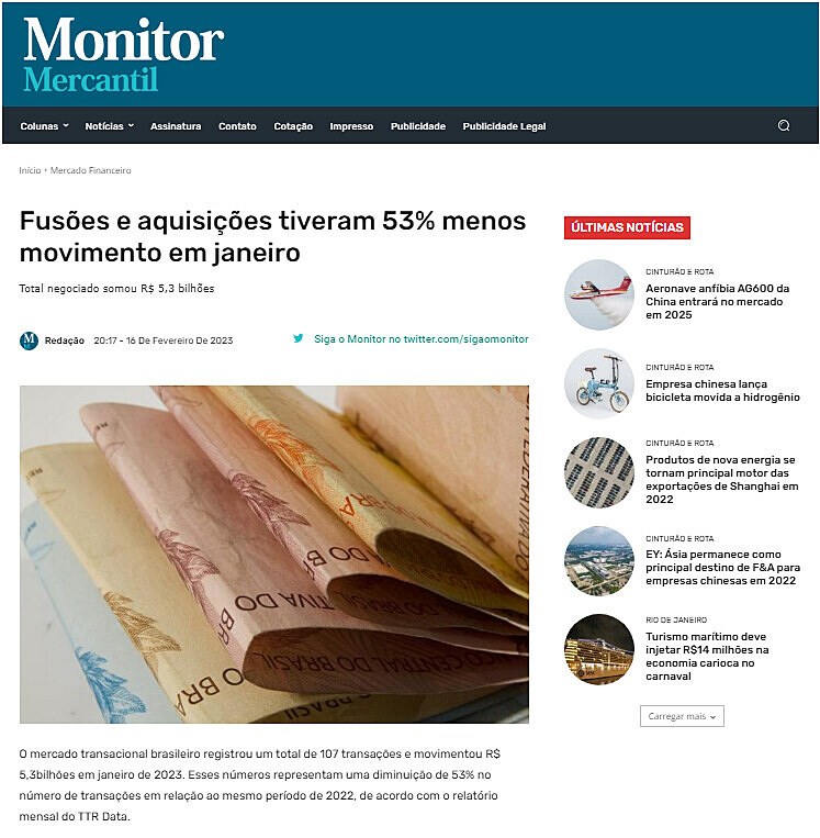 Fuses e aquisies tiveram 53% menos movimento em janeiro